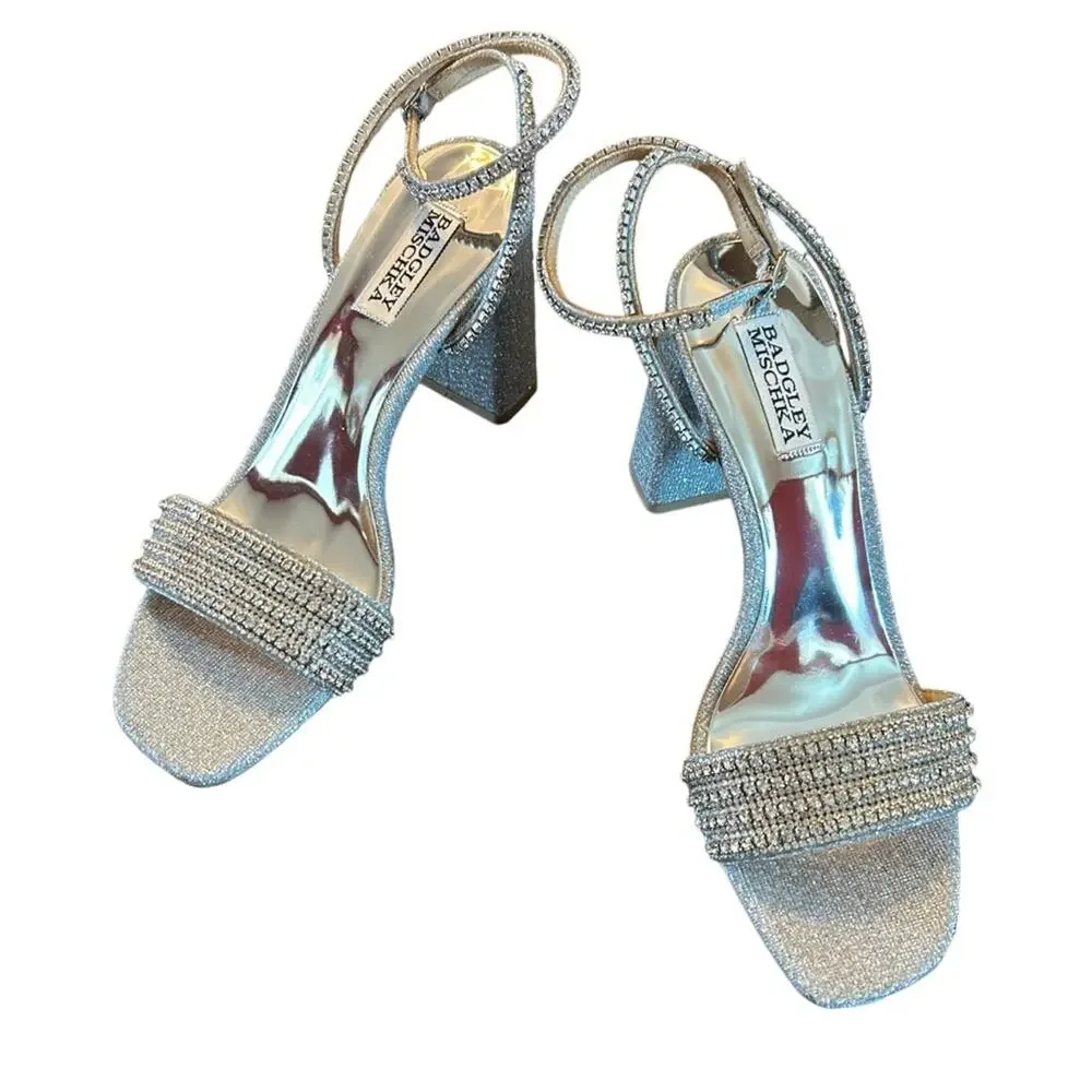 Badgley Mischka Becca Strappy Block Heels Silver Metallic Rhinestone NEW Size 7